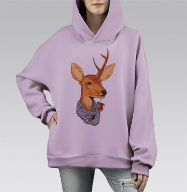 Милый олень в зимнем шарфе с колокольчиками, Hoodie Mono Fiolet, оверсайз, утепленная