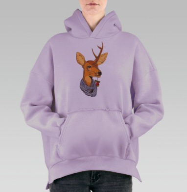 Милый олень в зимнем шарфе с колокольчиками, Hoodie Oversize Fiolet, утепленная