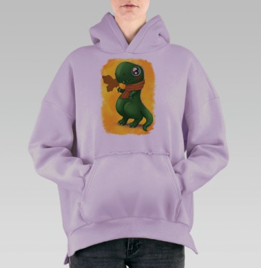 Милый зеленый динозаврик в оранжевом шарфе, Hoodie Oversize Fiolet, утепленная