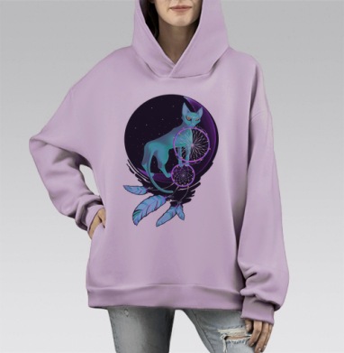 Мистическая кошка на фиолетовом полумесяце, Hoodie Mono Fiolet, оверсайз, утепленная