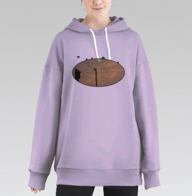 Мистический кот и вечерние птицы на проводах, Hoodie Long Oversize Fiolet