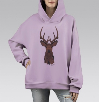 Мистический олень с индейскими рогами, Hoodie Mono Fiolet, оверсайз, утепленная
