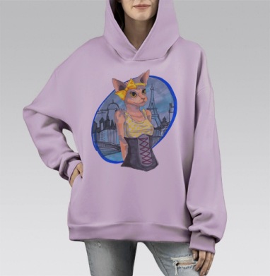 Модная кошка-сфинкс в парижском стиле, Hoodie Mono Fiolet, оверсайз, утепленная