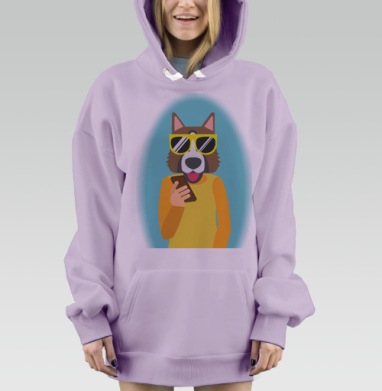 Модный персонаж с собакой и смартфоном в желтом стиле, Hoodie Mjhigh Dig Mel, Fiolet, утепленная