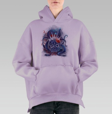 Мощный череп и щупальца осьминога, Hoodie Oversize Fiolet, утепленная