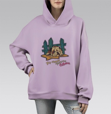 Мультяшный бульдог с ироничной надписью, Hoodie Mono Fiolet, оверсайз, утепленная