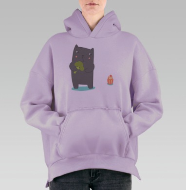 Мультяшный кот и выбор между брокколи и кексом, Hoodie Oversize Fiolet, утепленная