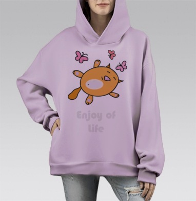 Мультяшный оранжевый зверек с бабочками — наслаждение жизнью, Hoodie Mono Fiolet, оверсайз, утепленная