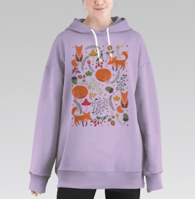 Мягкий декоративный узор с очаровательными лисами, Hoodie Long Oversize Fiolet