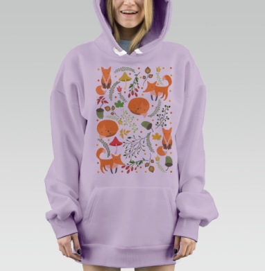Мягкий декоративный узор с очаровательными лисами, Hoodie Mjhigh Dig Mel, Fiolet, утепленная