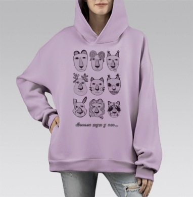Набор стилизованных чёрно-белых животных, Hoodie Mono Fiolet, оверсайз, утепленная