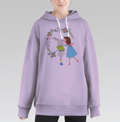 Нежная иллюстрация девочки и зайца в объятиях дружбы, Hoodie Long Oversize Fiolet