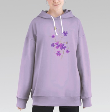 Нежные лилово-фиолетовые бабочки с цветами, Hoodie Long Oversize Fiolet
