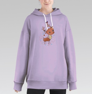 Новогодний олень с игрушкой и птичкой - мультипликация, Hoodie Long Oversize Fiolet