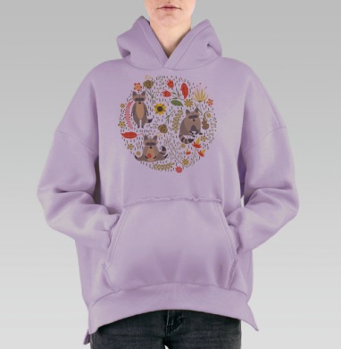 Очаровательные еноты среди цветочных узоров, Hoodie Oversize Fiolet, утепленная