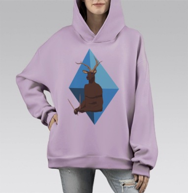 Олень с барабанными палочками — музыкальный мистицизм, Hoodie Mono Fiolet, оверсайз, утепленная