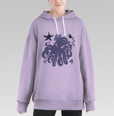 Осьминог пират в ретро-стиле с морской атрибутикой, Hoodie Long Oversize Fiolet