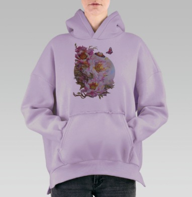 Пионы и бабочки, Hoodie Oversize Fiolet, утепленная