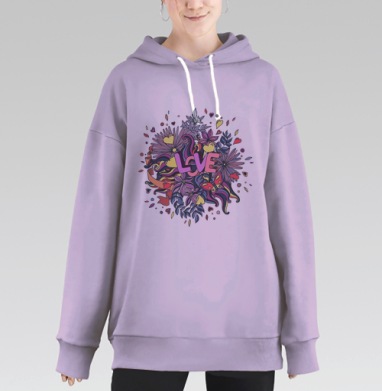 Принт про любовь в мультяшном стиле, Hoodie Long Oversize Fiolet