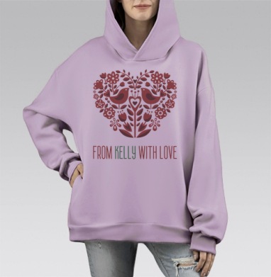 Романтичное сердце с птицами в фольклорном стиле, Hoodie Mono Fiolet, оверсайз, утепленная