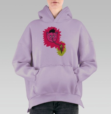 Розовый кот с длинным языком и мороженым, Hoodie Oversize Fiolet, утепленная