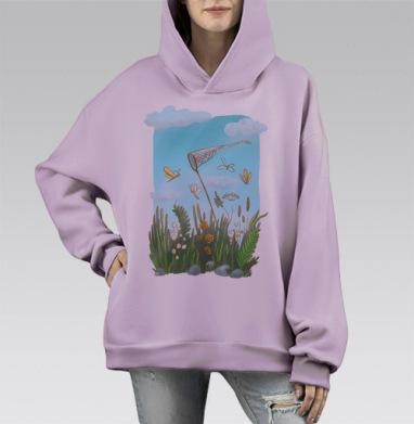 Сачок и бабочки в нежной акварели, Hoodie Mono Fiolet, оверсайз, утепленная