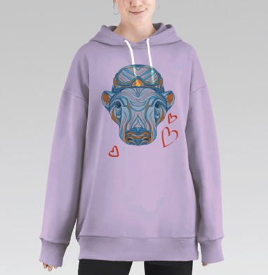 Стилизованная голова обезьяны в горнолыжной маске, Hoodie Long Oversize Fiolet