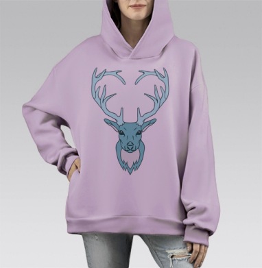 Стилизованная голова оленя с рогами-сердцем, Hoodie Mono Fiolet, оверсайз, утепленная