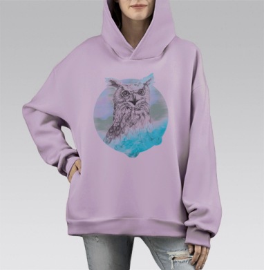 Стилизованный портрет совы в тумане мудрости, Hoodie Mono Fiolet, оверсайз, утепленная
