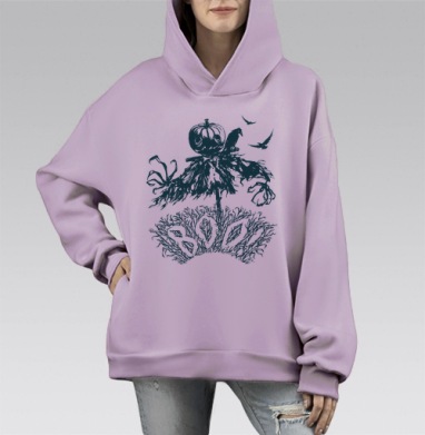 Страшное пугало с тыквой и вороной осенью, Hoodie Mono Fiolet, оверсайз, утепленная