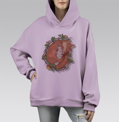 Теплая дружба лисёнка и зайчонка, Hoodie Mono Fiolet, оверсайз, утепленная