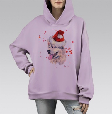Улыбающаяся собака в новогодней шапке, Hoodie Mono Fiolet, оверсайз, утепленная