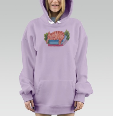 Уютный акварельный кот на книгах, Hoodie Mjhigh Dig Mel, Fiolet, утепленная