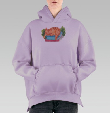 Уютный акварельный кот на книгах, Hoodie Oversize Fiolet, утепленная