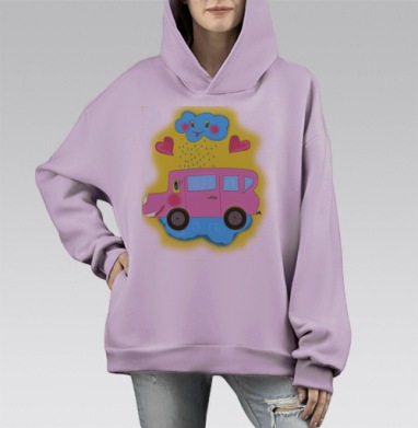 Весёлая розовая машина с улыбающимся облаком и сердцами, Hoodie Mono Fiolet, оверсайз, утепленная