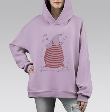 Весёлый белый медведь в ярком трико, Hoodie Mono Fiolet, оверсайз, утепленная