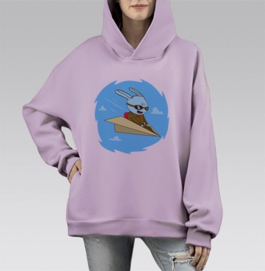 Весёлый кролик в бумажном самолёте, Hoodie Mono Fiolet, оверсайз, утепленная