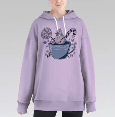 Веселый снеговик в уютной чашке с карамелью, Hoodie Long Oversize Fiolet
