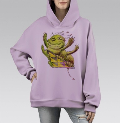 Веселый зеленый монстрик в динамике, Hoodie Mono Fiolet, оверсайз, утепленная