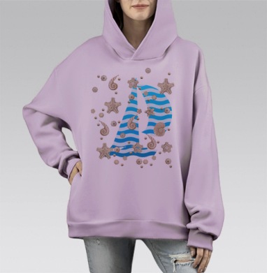 Волны и ракушки, Hoodie Mono Fiolet, оверсайз, утепленная