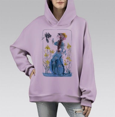Восточная фея с черной рыбкой в ирисах, Hoodie Mono Fiolet, оверсайз, утепленная