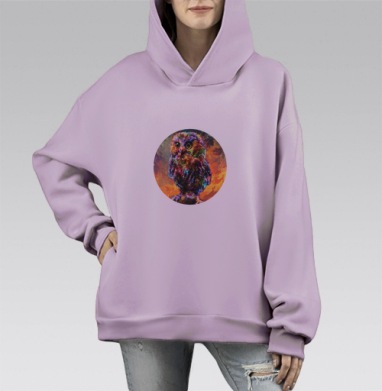 Яркая абстрактная сова в экспрессионизме, Hoodie Mono Fiolet, оверсайз, утепленная