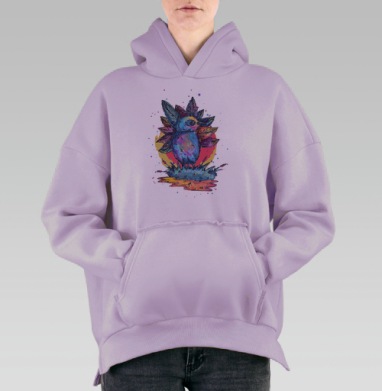 Яркая акварельная птица с короной из перьев, Hoodie Oversize Fiolet, утепленная
