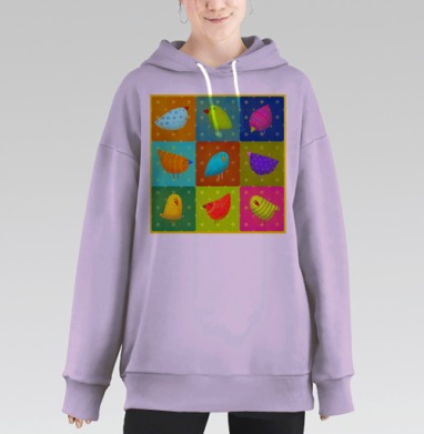 Яркие стилизованные птички в цветных зонах, Hoodie Long Oversize Fiolet