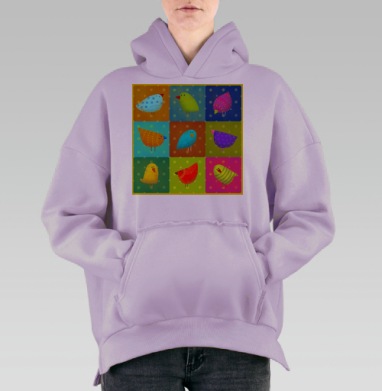 Яркие стилизованные птички в цветных зонах, Hoodie Oversize Fiolet, утепленная