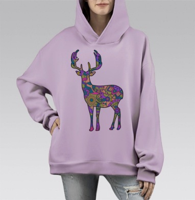 Яркий декоративный олень с узорами, Hoodie Mono Fiolet, оверсайз, утепленная