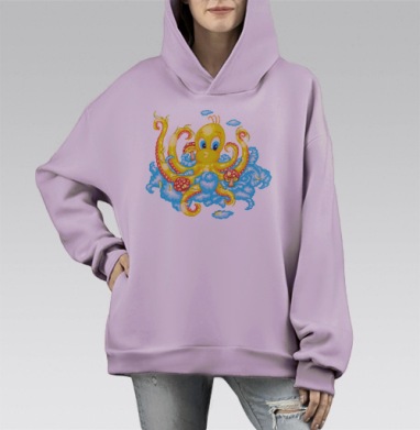 Яркий мультяшный осьминог с грибами и перьями, Hoodie Mono Fiolet, оверсайз, утепленная