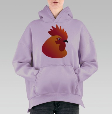 Яркий силуэт головы петуха в красно-оранжевых тонах, Hoodie Oversize Fiolet, утепленная