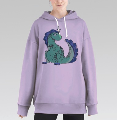 Забавный бирюзовый динозавр с синими акцентами, Hoodie Long Oversize Fiolet