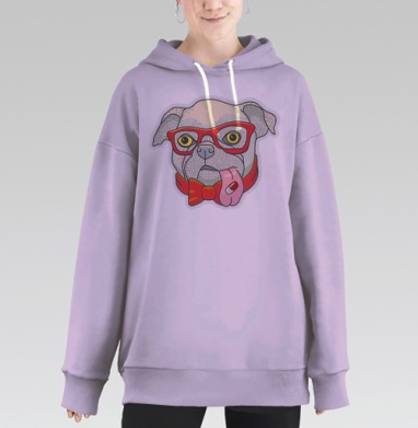 Забавный мопс в красных очках с таблеткой, Hoodie Long Oversize Fiolet